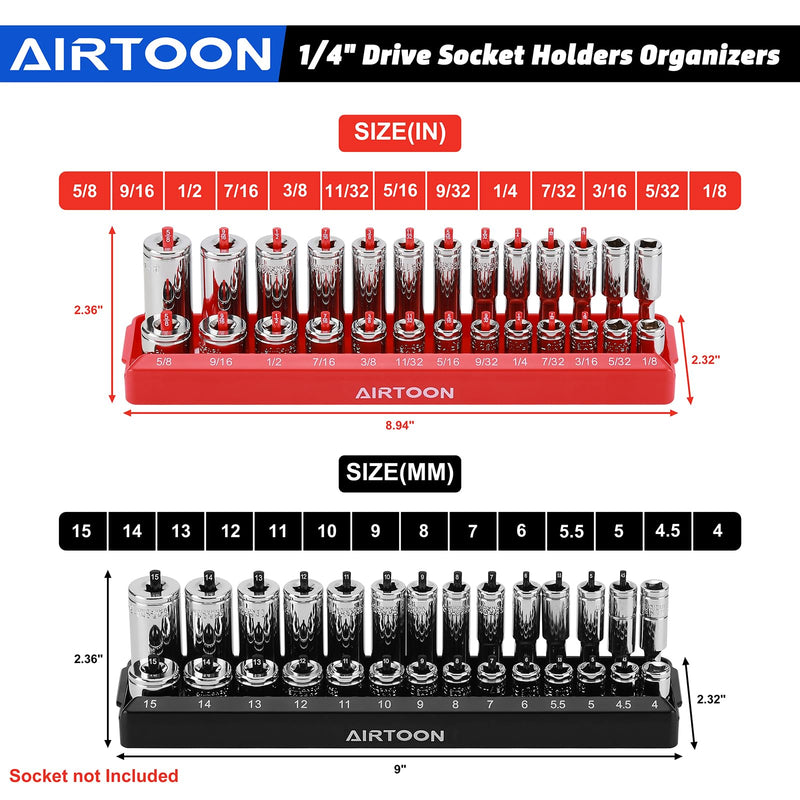 AIRTOON 1/4-Inch Drive Socket Organizer Trays, 2-Piece SAE and Metric Socket Tray Set, Deep and Standard Socket Holders Organizers for Toolbox, Black & Red 1/4-Inch Drive SAE and METRIC