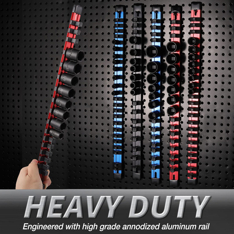 ALOANES 1/2-Inch Drive Aluminum Alloy Socket Organizer, Heavy Duty Socket Racks, Socket Holder Kit 1/2-Inch x 16 Clips (Red) Red