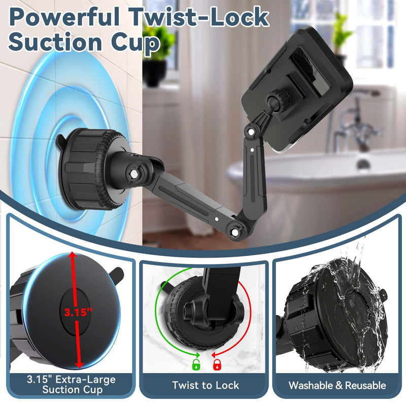 Shower Phone Holder Waterproof, Fits Phone with Case up to 6.7" | 360° Rotation & Multi-Angle Adjustable Arm Twist-Lock Suction Phone Holder Shower,Anti-Fog & Sensitive Touch Screen Case Black