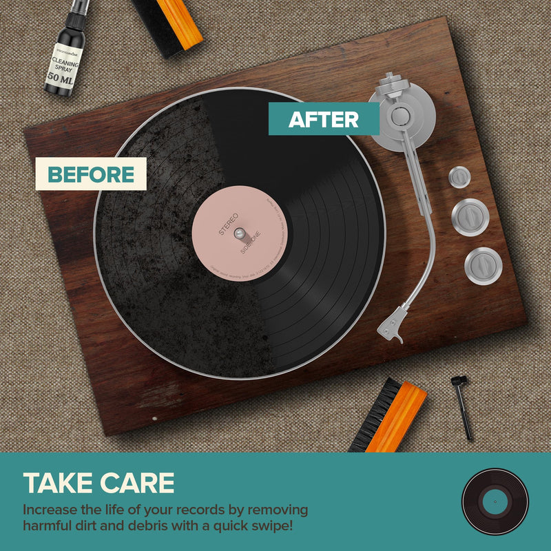 Stock Your Home 6 Piece Vinyl Record Cleaning Kit, Includes Vinyl Cleaner Spray, Anti-Static & Velvet Vinyl Record Brush, Needle Cleaning Gel & Brush, and Drawstring Duster Bag