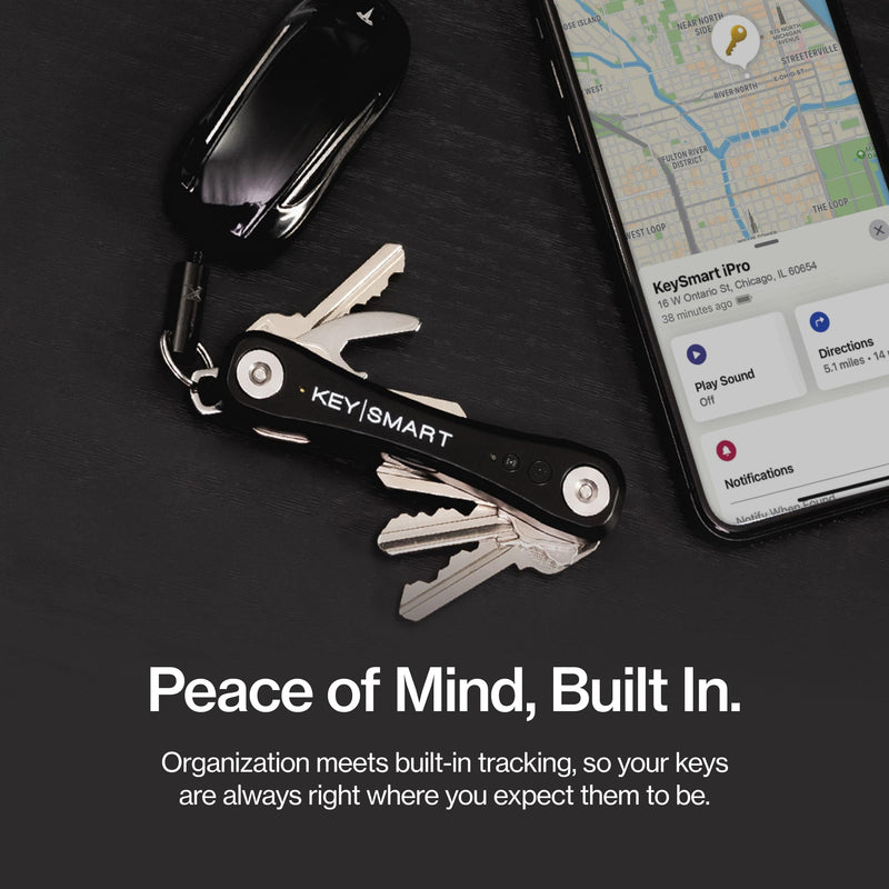 KeySmart iPro - Key Finder Locator with Sound, Keychain Key Holder, Apple Find My App Compatible, Key Organizer, Compact Clutter-Free Key Chain Tracker, Rechargeable Battery (Up to 14 Keys, Black)