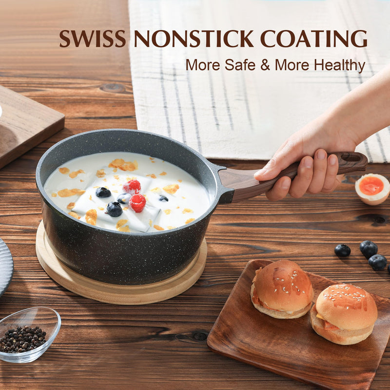 SENSARTE Nonstick Saucepan with Lid, 1.5 Quarts Small Pot with Swiss Granite Coating, Stay-cool Handle, Multipurpose Handy Sauce Pot Small Kitchen Cooking Pot, Induction Comptable, PFOA Free Gray Granite