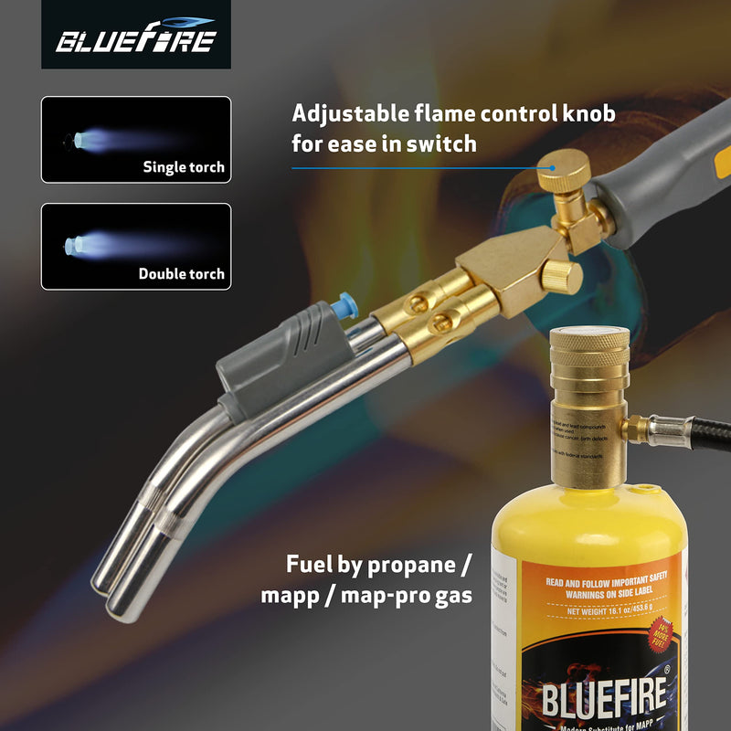 BLUEFIRE HZ-8150 Double Heads Swirl Flame Self-Ignition Hosed Turbo Torch 5' long Hose Trigger Start MAPP MAP Propane Welding Blowtorch Nozzle for brazing large diameter copper pipes, Torch Only Hosed Torch Only