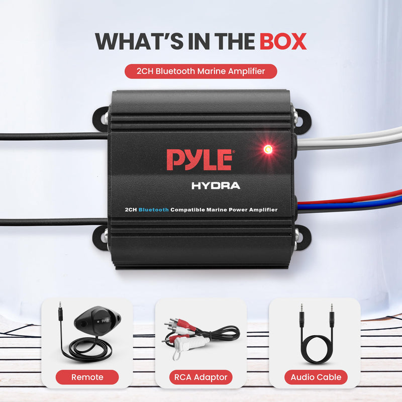 Pyle Auto 2-Channel Marine Amplifier - 200 Watt RMS 4 OHM Full Range Stereo with Wireless Bluetooth & Powerful Prime Speaker - High Crossover HD Music Audio Multi Channel System PLMRMB2CB, Black