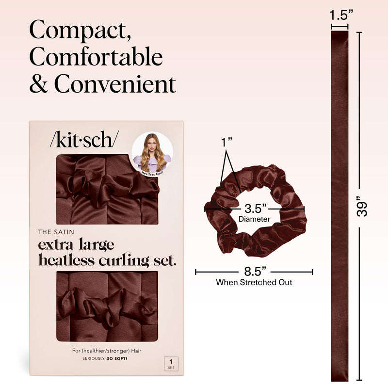 Kitsch XL Satin Heatless Curler Set - Chocolate | Heatless Curls Overnight w/39 " Hair Waver & 2 Satin Scrunchies, Comfortable Hair Curlers to Sleep in for Frizz-Free Hair