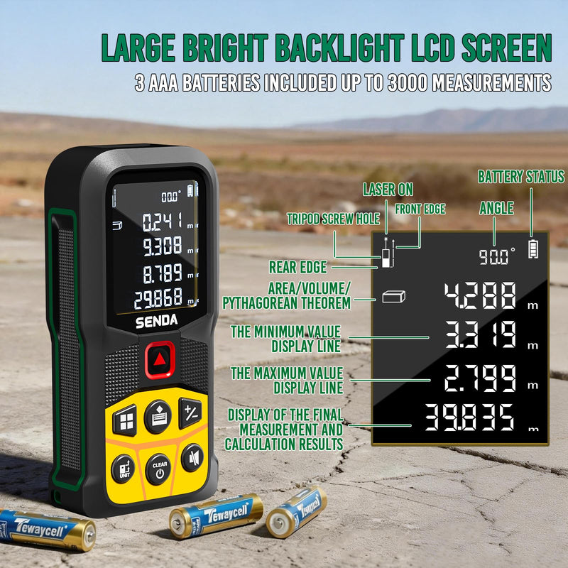 SENDA Laser Measure, 197Ft Digital Laser Measurement Tool with LCD Backlit Display, 1/16in Accuracy, in/Ft/Ft+in/M, 20 Sets Data Storage, Laser Distance Meter, Pythagorean Mode Distance/Area/Volume SD-C3