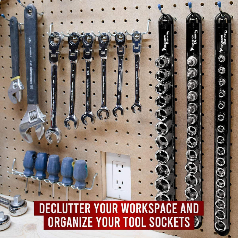 Precision Defined Aluminum Tool Socket Holder | Black, Single 3/8-Inch Socket Organizer x 16 Clips | Heavy Duty Socket Rails Organizer, Socket Storage, Socket Tray 360 Rotation 3/8-Inch Drive