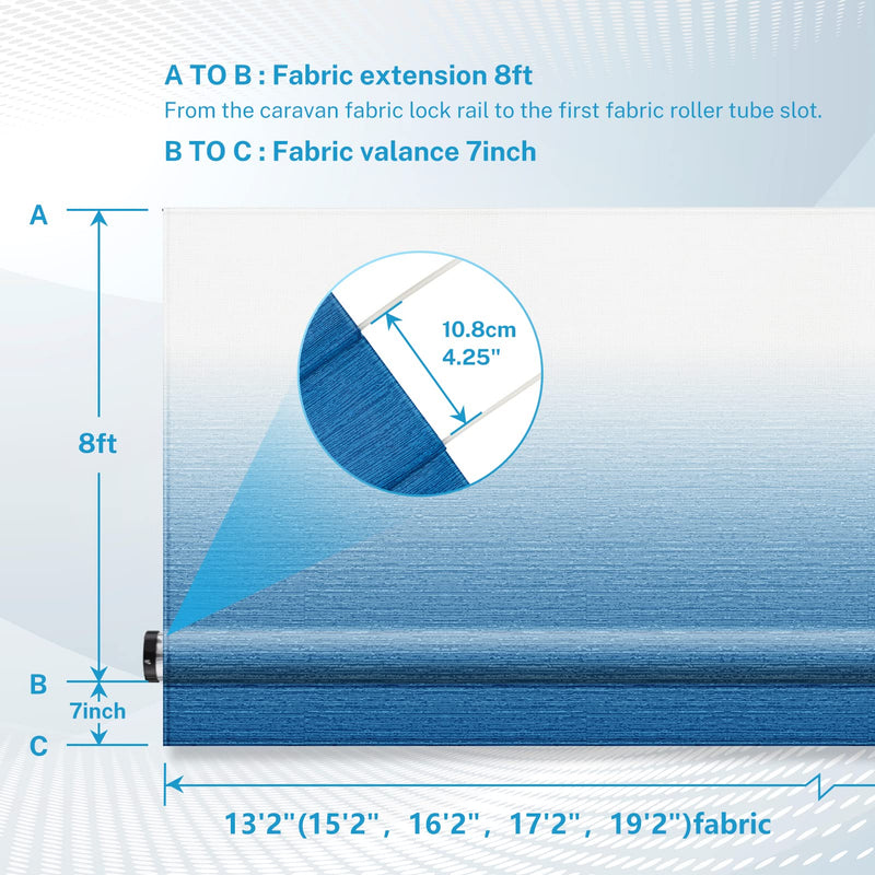 Kohree 18' Rv Awning Fabric Replacement, Camper Trailer Awning Replacement 19oz Weatherproof Heavy Duty Anti-Fading with Pull Strap, Outdoor Canopy for Motorhome, Blue Fade, (Fabric 17'2") 18' (Fabric 17'2")
