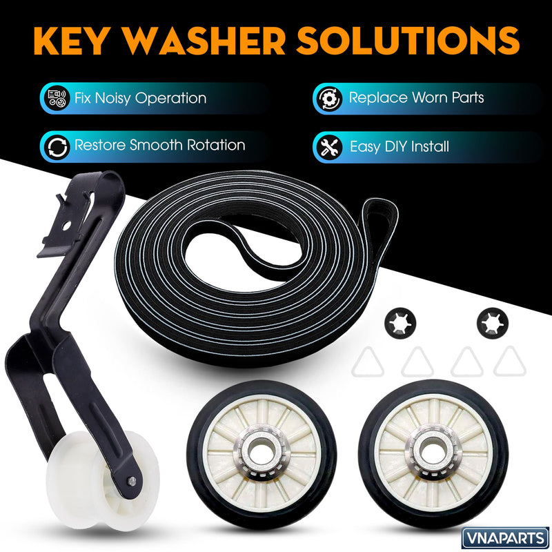 Dryer Repair Kit Replaces For Amana NED4500VQ0 NED4500TQ0 NED4600YQ0 NED4600YQ1 NED4655EW0 NED4700YQ1- Drum Rollers 14210017, Belt 341241, Idler Pulley 14210023