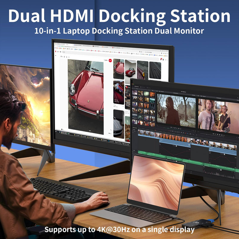 USB C Hub, 10-in-1 Docking Station Dual Monitor with 4K HDMI, VGA, Fast Charging Port, USB 3.0 & 2 USB 2.0 Ports, SD/TF Card Reader, 3.5mm AUX, USB C Dongle for MacBook, Dell, Lenovo, HP Laptops