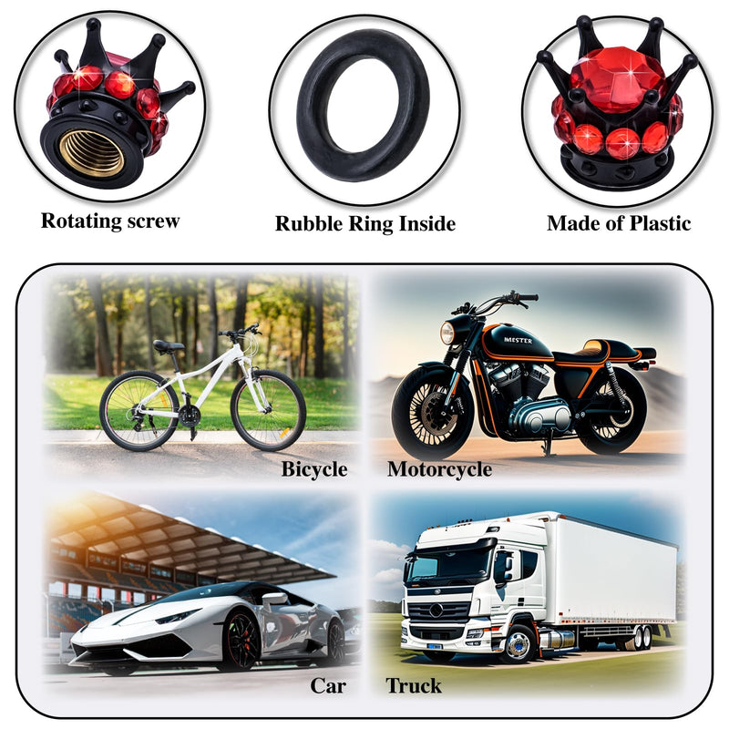 4PCS Crown Bling Tire Stem Valve Caps, Crystal Diamond Car Wheel Tire Valve Caps Universal Copper Core Stem Covers for Cars, SUV, Trucks, Bikes, Motorcycles, Bicycles (Black & Red) Black & Red
