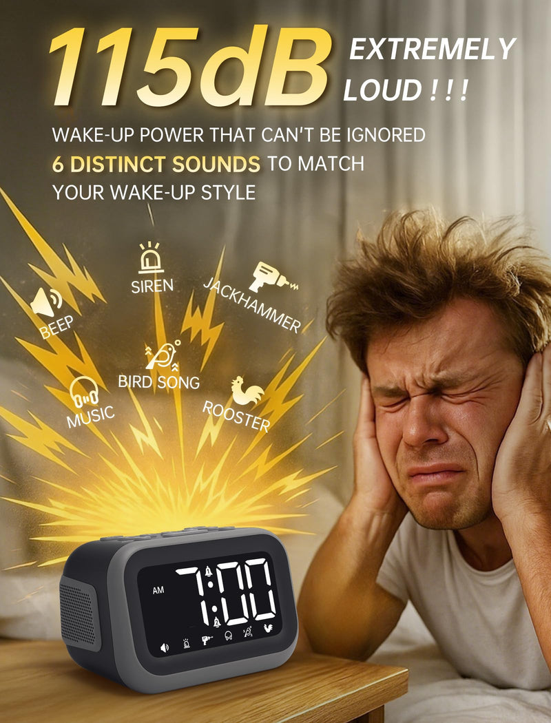 Super Loud Alarm Clock: 115dB Dual Alarms and 6 Alarm Sounds for Heavy Sleepers - Adult Shift Workers in Bedroom or Daily Wake-Up Use - Gray Gray - White Digits
