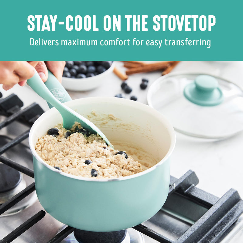 GreenLife 2.5QT Nonstick Saucepan with Glass Lid, Soft Grip, PFAS-Free Ceramic, Multipurpose Chef Pan, Milk & Sauce Cooking Pot, Dishwasher & Oven Safe to 350˚F, Stay-Cool Handle, Turquoise 2.5 Quarts