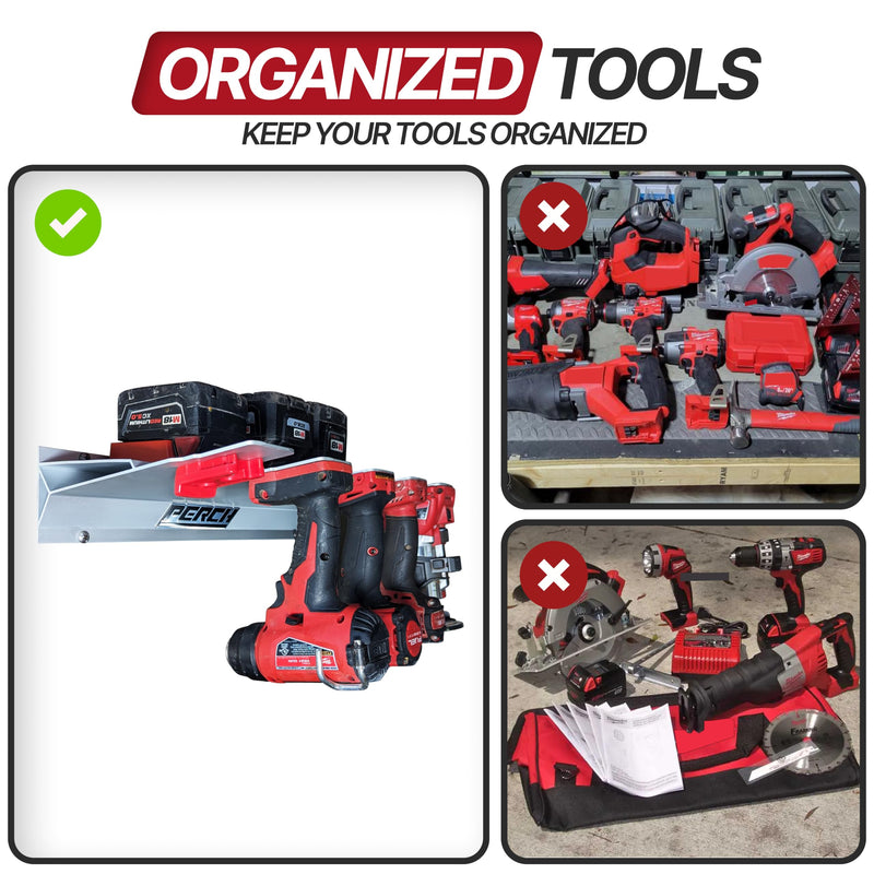PERCH 9 Pack Tool Holder for Milwaukee M18/18v Cordless Tools - Snap Fit Tool Organizer for Milwaukee Drill Holder, Under Shelf, Wall Mount w/Hardware for Easy Install. Pack of 9