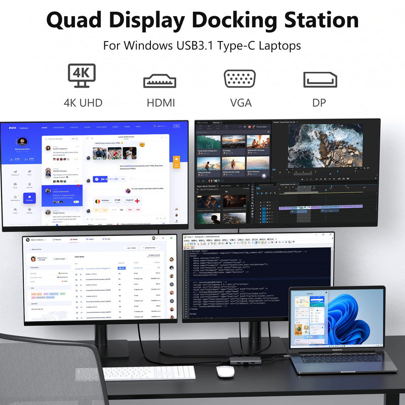 USB C Docking Station Dual Monitor Computer Multiple Monitor Hub Adapter | Laptop Docking Station to Dual 4K HDMI,DisplayPort,VGA, 00W PD,3 USB for HP Dell Lenovo Thinkpad Surface Windows Laptops Grey 8-IN-1