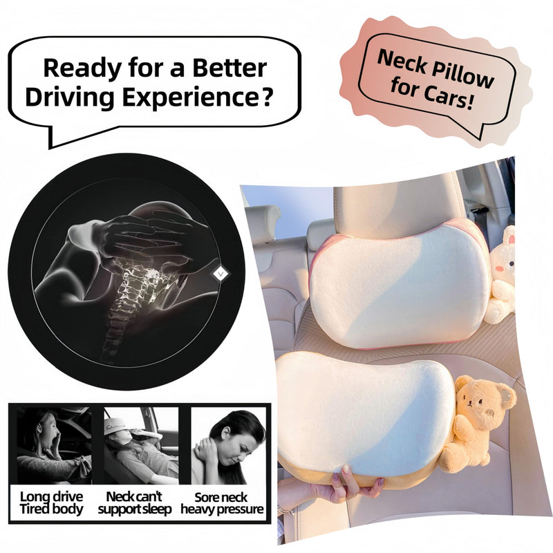 Cute Car Headrest Pillow 2PCS Bear Bunny Car Seat Neck Pillow Memory Foam Neck Support Cushions for Comfortable Driving Easy Install & Washable (Pink+Brown) Pink+brown