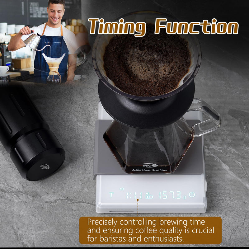 IKAPE Digital Coffee Scale with Timer, 2kg/0.1g High Precision Rechargeable Drip Espresso Scale with Tare Function, LED Display(White) White