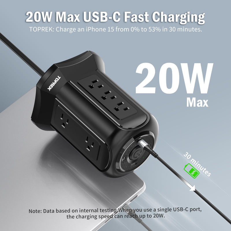 Tower Power Strip Surge Protector 2100J – 10 Outlets, 2 USB-C (20W PD), 2 USB-A, 6.5FT Flat Plug Extension Cord for Home Office, Dorm, Desktop Black
