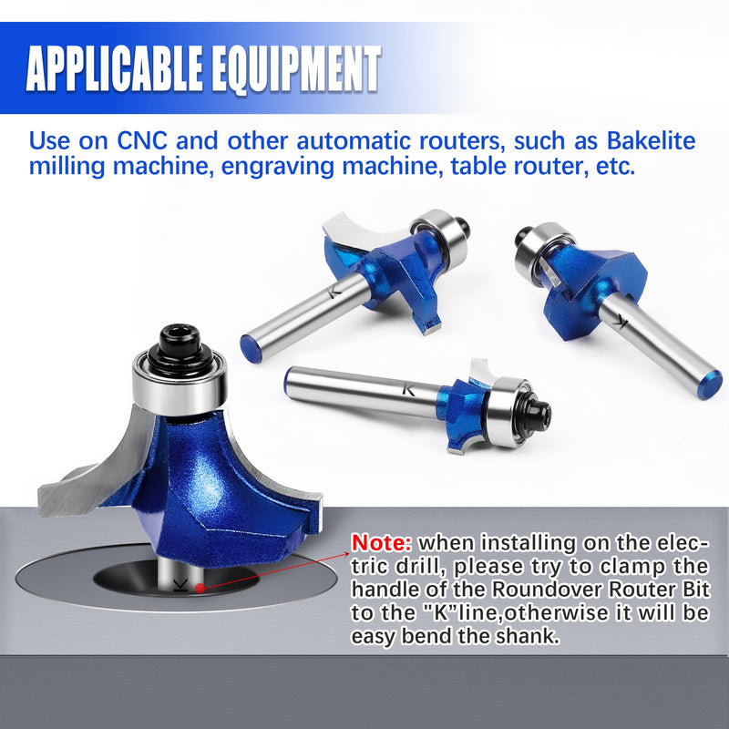 6Pcs Roundover Router Bit 1/4 Shank,Radius in 1/8" 3/16" 1/4" 5/16" 3/8" 1/2",Carbide Tip 2 Flutes Corner Rounding Over Edge Forming Router Bit with Bearing Guide CNC Woodworking Tool 1/8" 3/16" 1/4" 5/16" 3/8" 1/2" Radius 1/4" Shank
