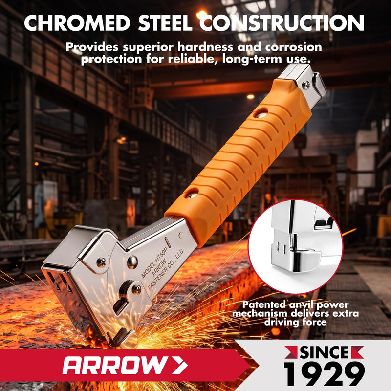 Arrow HT50 Heavy Duty Hammer Tacker, Chromed-Steel Manual Stapler with Sure-Grip Handle, Dual-Capacity Rear-Load Magazine, Fits 5/16”, 3/8", or 1/2" Staples (1-Pack)