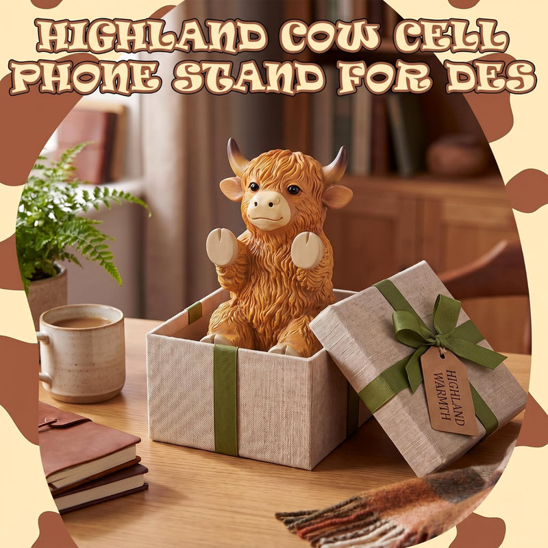 Highland Cow Phone Stand for Desk, Resin Cow Figurines Phone Holder | Cute Animal Desktop Statues, Western Cow Desk Accessories with Stable Base for Home Office Table Decor Friends Gifts Brown