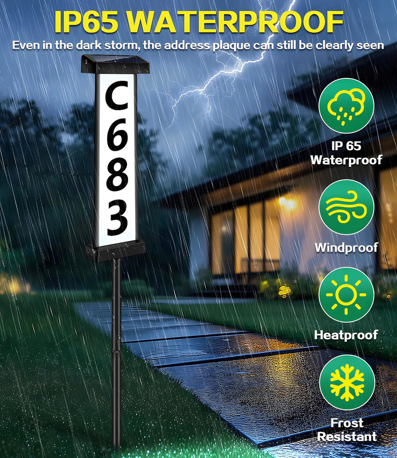 DBF Solar Address Sign, Dual-Sided House Numbers for Outside Waterproof, 3 Colors LED Illuminated Solar Powered Address Plaque with Stakes, Outdoor House Number for Yard Street Home Garden, Vertical Ground&Wall