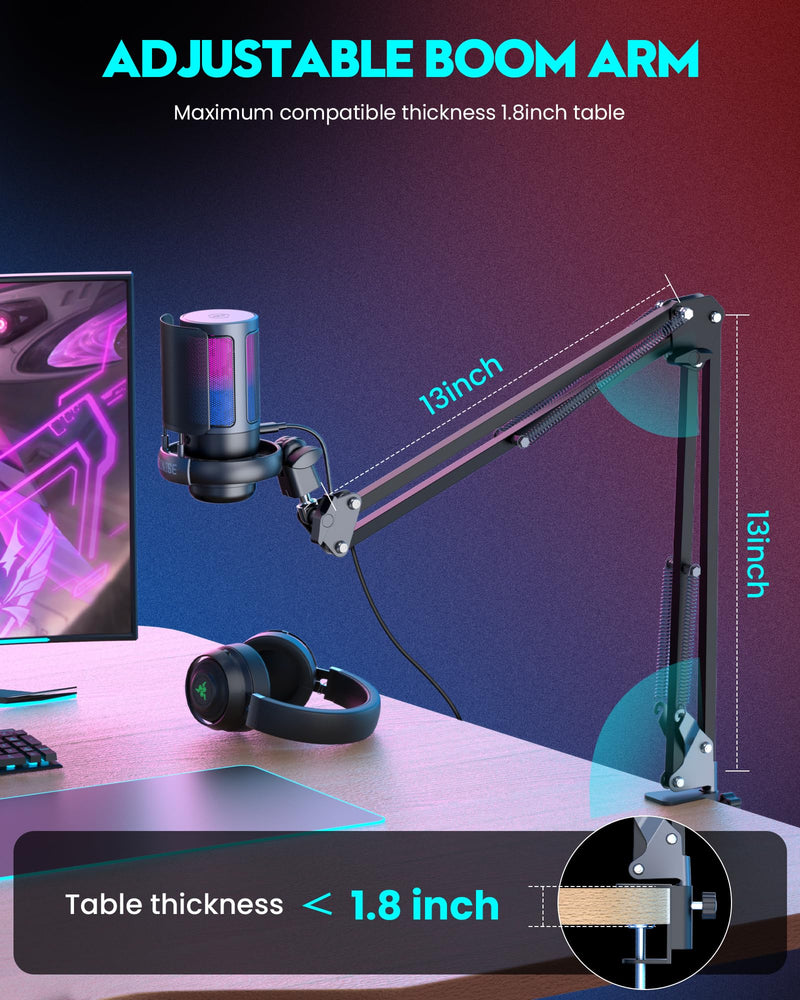Gaming Microphone, USB PC Mic for Podcasts Videos, Streaming, Condenser Mic with Quick Mute, Tripod Stand, Pop Filter, RGB Indicator, Shock Mount, Rotate gain button, Compatible with PS4/5/PC With Boom Arm