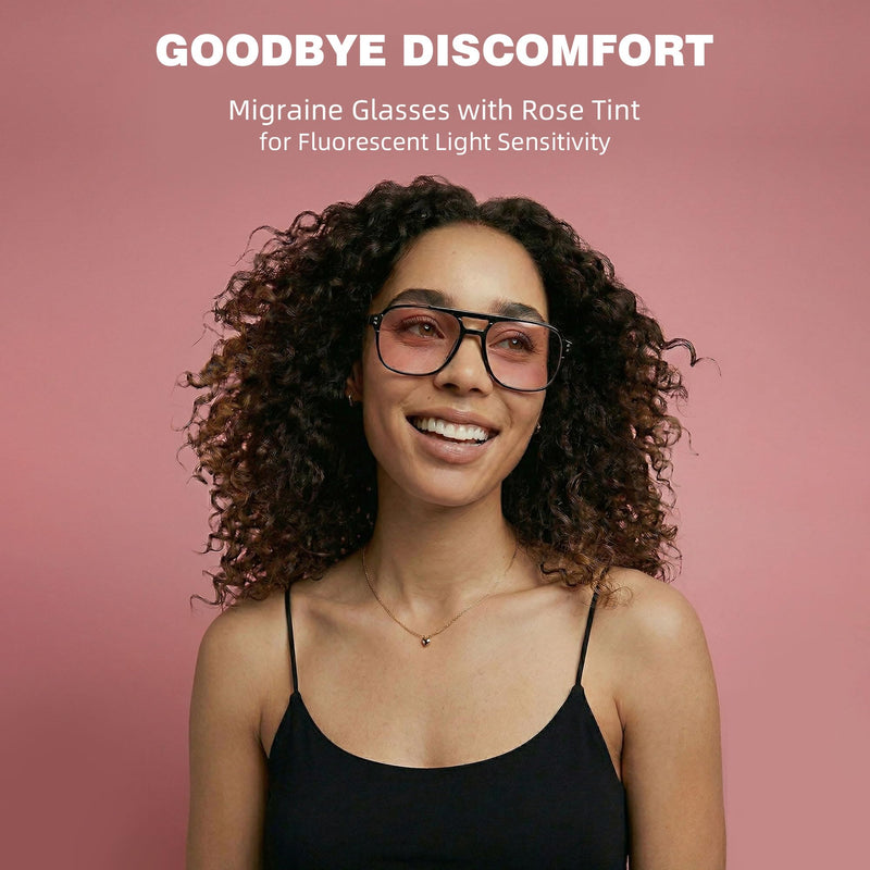 Rose Tinted FLuorescent-41 Migraine Glasses for Light Sensitivity and Photophobia,Indoor/Outdoor Fluorescent Eyewear 25% Rose Tinted Lens - Champagne Frame