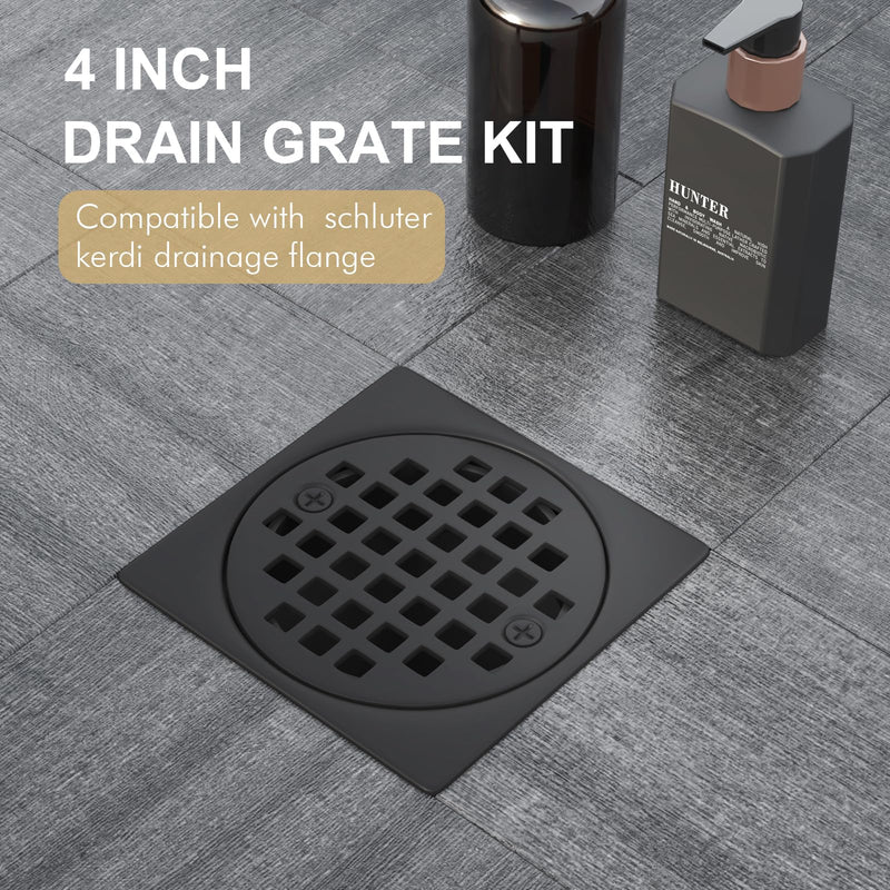 4” Drain Grate Kit - Compatible with Schluter Kerdi-Drain Flange - Shower Floor Drain Kit with Adjustable Collar - Removable Square Drain Set - SUS 304 Stainless Steel Grate - Matte Black 4 Inch Kit without Flange