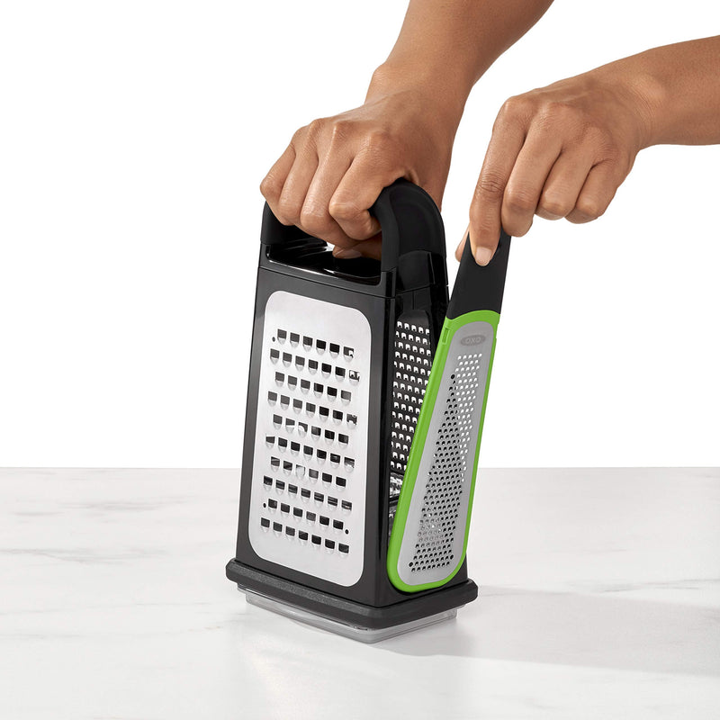 OXO Good Grips Etched Box Grater with Removable Zester | Ideal for Grating Cheese or Zesting Fruits | Storage Container Included | 4 Sided Grater | Comfortable Handle Box Grater with Removeable Zester