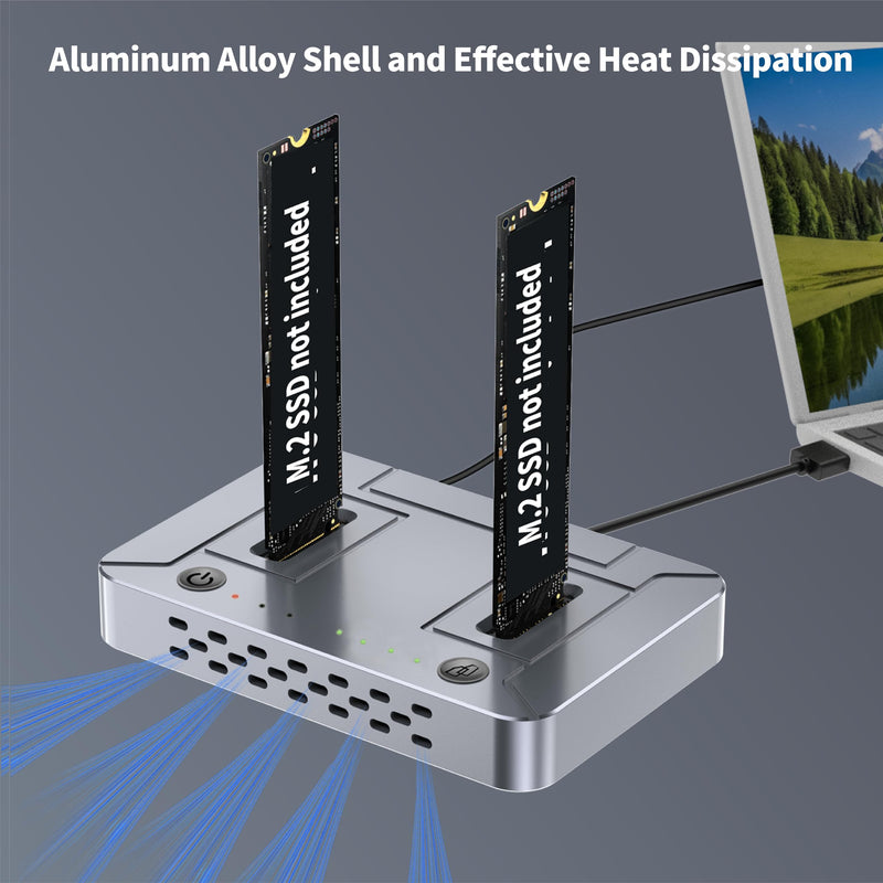 M.2 SSD Duplicator Dock, 20Gbps USB C Dual Bay Cloner, Aluminum Alloy Housing with Cooling Fan, Offline Clone/Data Transfer for NVMe SATA M.2 2230/2242/2260/2280 SSD