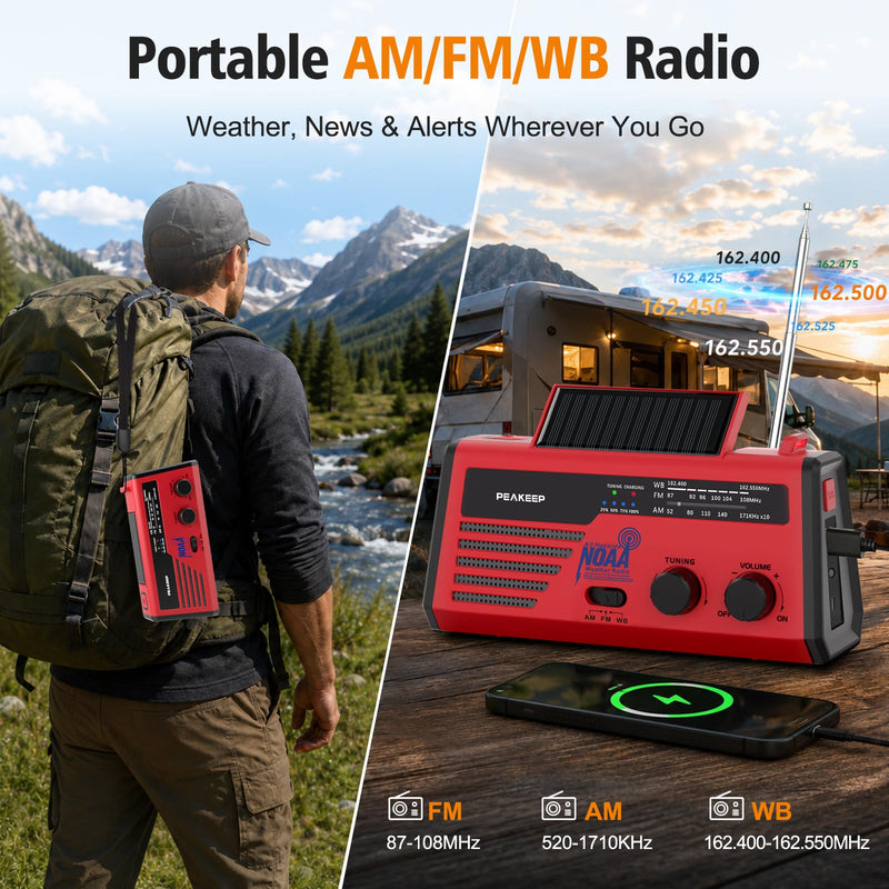 Peakeep NOAA Emergency Weather Radio Alert with Crank Solar Battery Powered | Portable Radio AM FM, Rechargeable Battery Backup, SOS, Flashlight Lamp USB Port for Home Outdoor Camping Storms Blackouts Red with Black