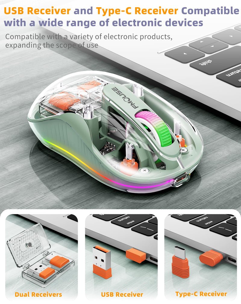 Interesting Transparent Bluetooth Mouse with USB & Type-C Two Receiver, Small Portable Silent Wireless Mice with RGB Lights for MacBook/pc/iPad/Laptop and Office Trip Green