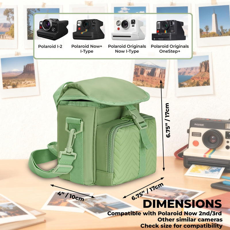 Camera Case for Polaroid Now 3rd/2nd Gen with Photo Display Window | Instant Camera Sling Bag with Clear Display Window, ilted Front Pocket, 8mm Padding, Top Handle and Adjustable Strap, Green