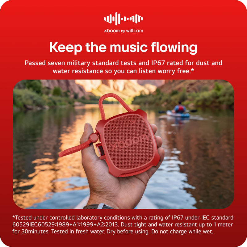 LG xboom Rock by will.i.am, Portable Outdoor Bluetooth Speaker, up to 10 Hours, IP67 Dust and Water Resistant, Adjustable Mounting Cord, Red
