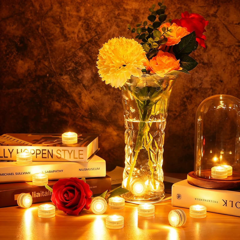 HL Submersible LED Lights,Yellow Mini LED Tea Light,150 Hour Runtime | Waterproof Battery Powered Small Flameless Lights for Weddings,Vases,Home,Festivals and Parties,12pcs (Built-in 24 Batteries) Yellow 12P