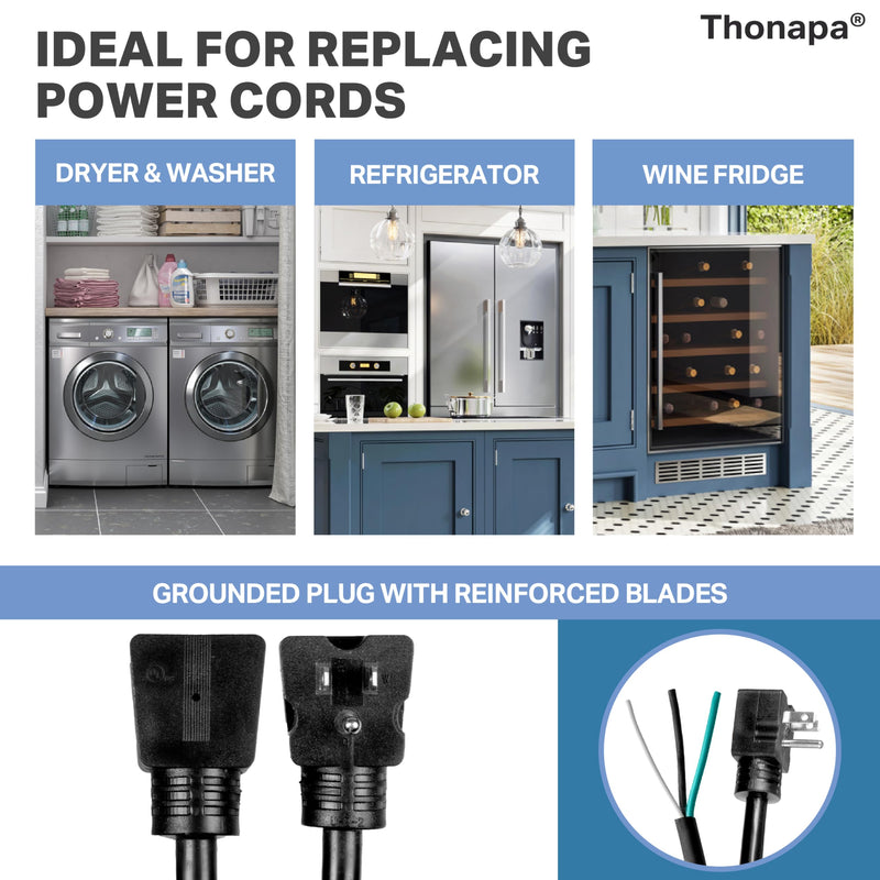 Thonapa 12 Gauge Replacement Power Cord with Open End 10 ft, 90 Degree Slim Flat Plug, 10 Foot Applaince Extension Cord 12/3 SJTW for Universal AC Appliance, Dishwasher, 15 AMP 1.0 Inches