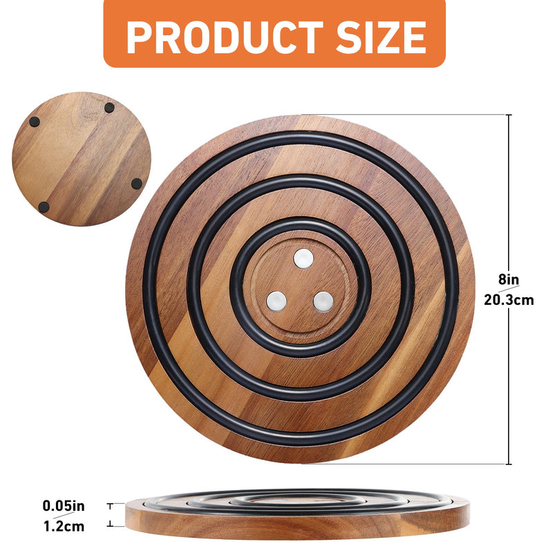 2 Pcs Magnetic Wooden Trivets, Acacia Wood with Black Silicone Rings, Magnetic Pot Holder for Le Creuset Enameled Cast Iron Dutch Oven & Cast Iron Skillets, Wood Trivet