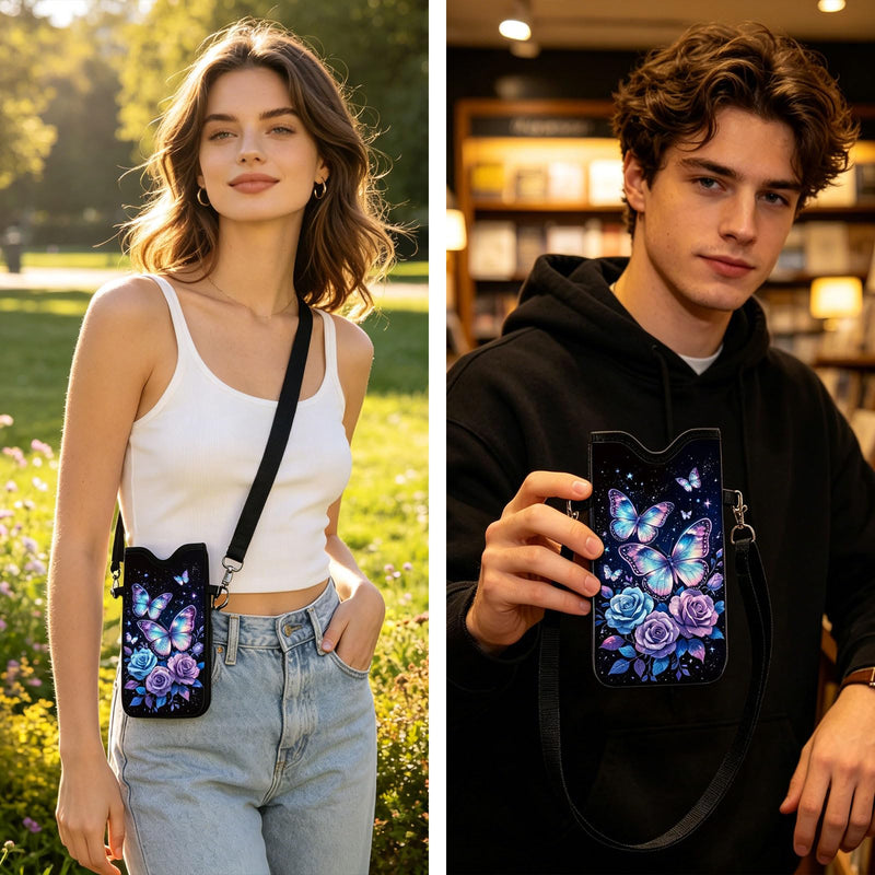 GLOBLELAND Butterfly Cell Phone Sleeve Pouch Case Bag 7.1×3.9 inch Rose Insect Shockproof Universal Phone Bag with Crossbody Strap Neck Lanyard for Women Men Phone Headphones Watch