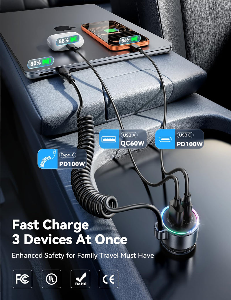 FLYLEAD 200W Car Charger USB C Fast Charge, [GaN] PD100W Fast Car Charger | Cigarette Lighter Phone Charger Adapter for iPhone 17/16/15 Pro Max, MacBook Pro Air Laptop, Samsung S26/S25, Pixel, iPad Pro Black