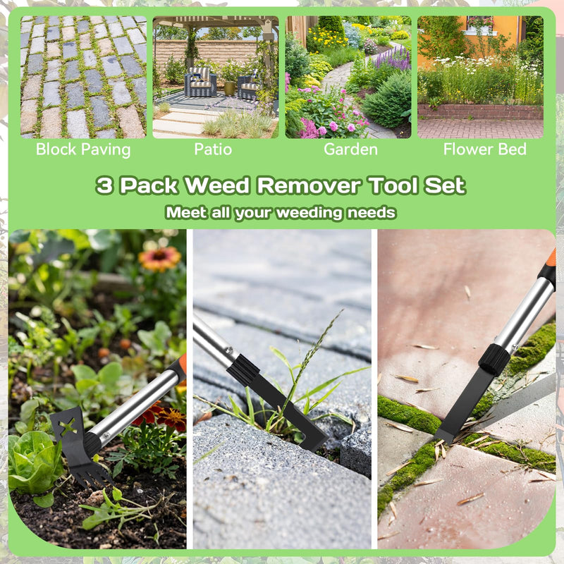 3 Pack Weed Remover Tool Manual Weeders Set, Hand Held Weed Puller Crack Weeder Tool Moss Scraper Combo with 16" Handle, Heavy Duty Weeding Tool for Block Paving Sidewalk Patio Garden Flower Bed