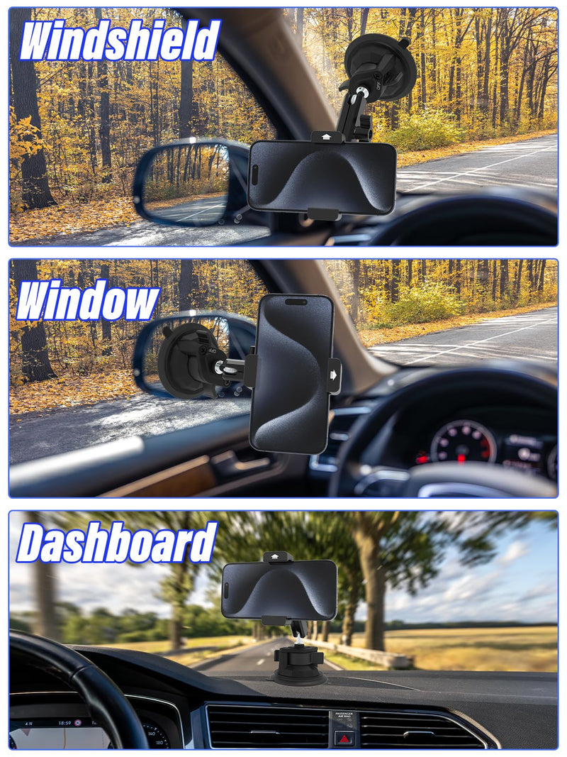 Suction Cup Car Phone Holder, Metal Phone Mount for Car Windshield | Aluminum Alloy, 360°Adjusting Arm, Heat Resistant Cellphone Holder for iPhone17 16 15 Pro Max, Galaxy S26 & 4-7" All Phones