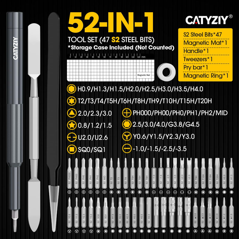 52-in-1 Precision Screwdriver Set, 47 S2 Steel Bits, Security Torx Hex Pentalobe Tri-Wing, Magnetic Mat & Magnetic Ring, Mini Electronics Repair Tool Kit with Tweezers & Pry Tool