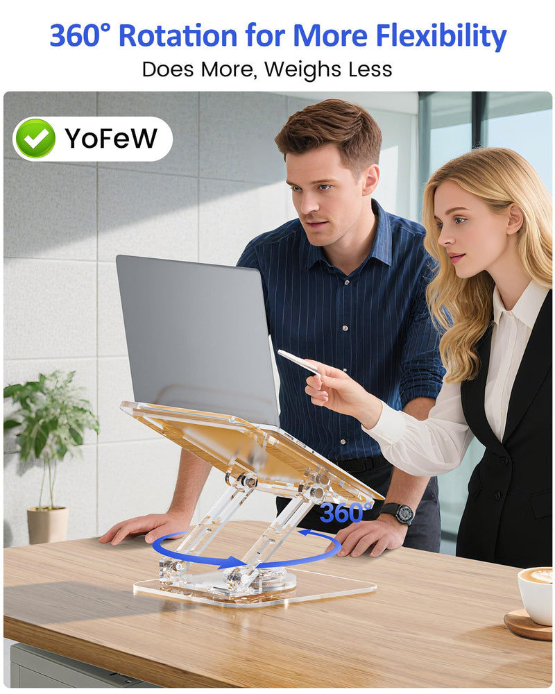 Laptop Stand for Desk - Adjustable, Foldable Clear Acrylic Riser with 360° Rotating Base, Ergonomic Laptop Holder for MacBook Pro/Air & 10-16” Notebooks Acrylic - Transparent color