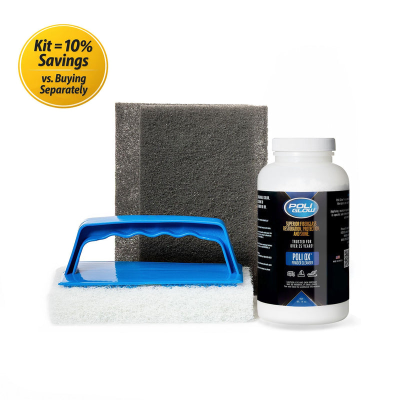 Poli Ox® Oxidation Removal Kit for Boats, RVs, or Fiberglass Surfaces–Removes Heavy Oxidation, Stains & Grime–Safe on Fiberglass, Gelcoat, Vinyl Decals: Includes 16 oz Cleaner, Scrub Pad & Sanding Pad Powder Ox