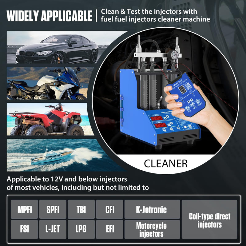 Fuel Injector Cleaning Kit, Auto Fuel Injector Tester Tool, 6 Adapter Fuel Injectors Cleaner kit, 4 Pulse Modes DIY Fuel Injection Cleaner Kit