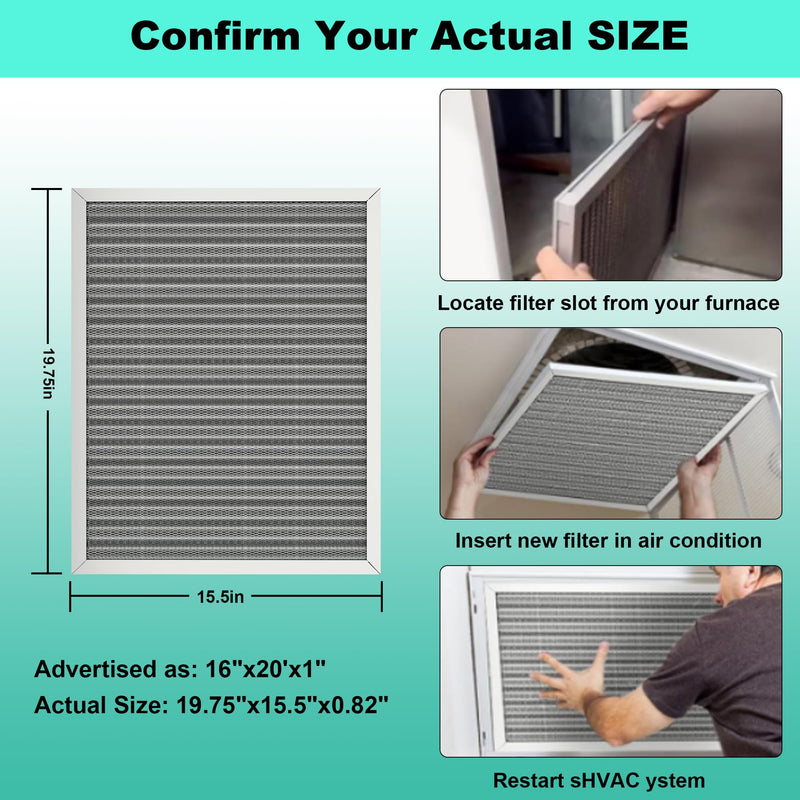 16x20x1 Reusable Air Filter, Washable Filter, Electrostatic, MERV 8, Lasts a Lifetime-HVAC AC Furnace Systems Air Filter(Actual Size: 15.5x19.75x0.82Inch) 16" x 20" x 1"