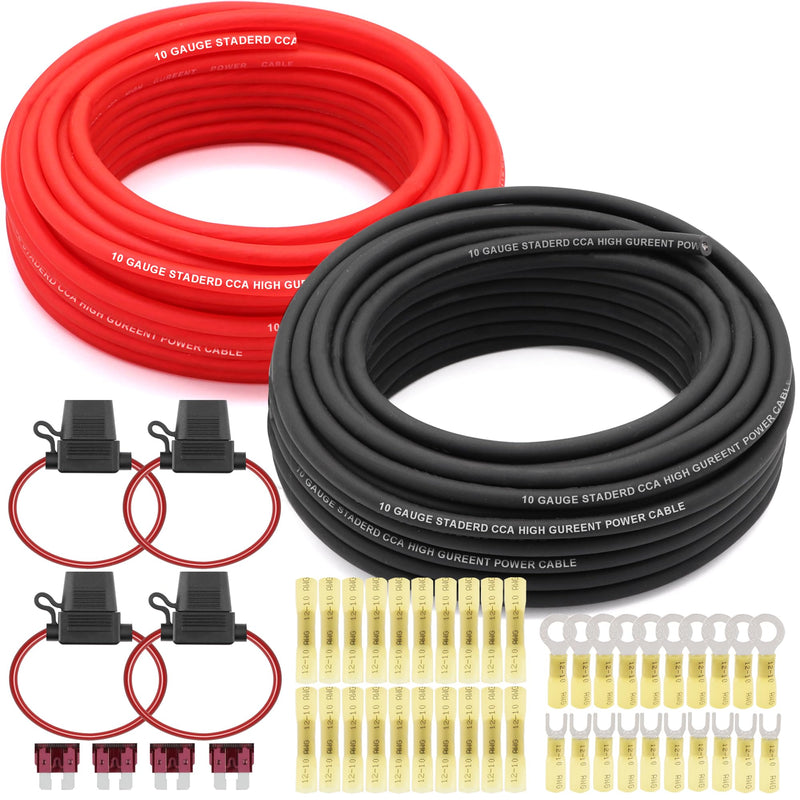 AWG 10 Gauge Wire Cable CCA (50ft Each-Black/Red) with Ring Fork Spade Splices,Heat Shrink Connectors,Fuse Holder and 40A Fuses for Power/Ground Cable,Car Audio Speaker AWG10 100FT-Red/Black