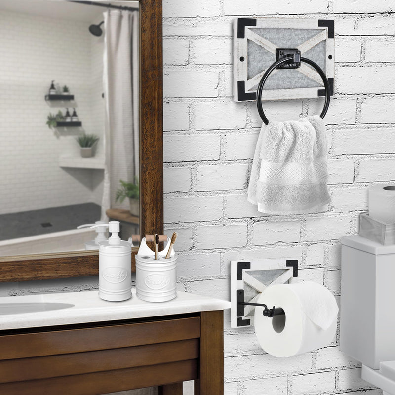 Autumn Alley Farmhouse Toilet Paper Holder and Towel Ring Holder with Bracket, Wall Mount, 2 Set - Farmhouse Toilet Paper Holder and Bathroom Hand Towel Holder Wooden Decor, White