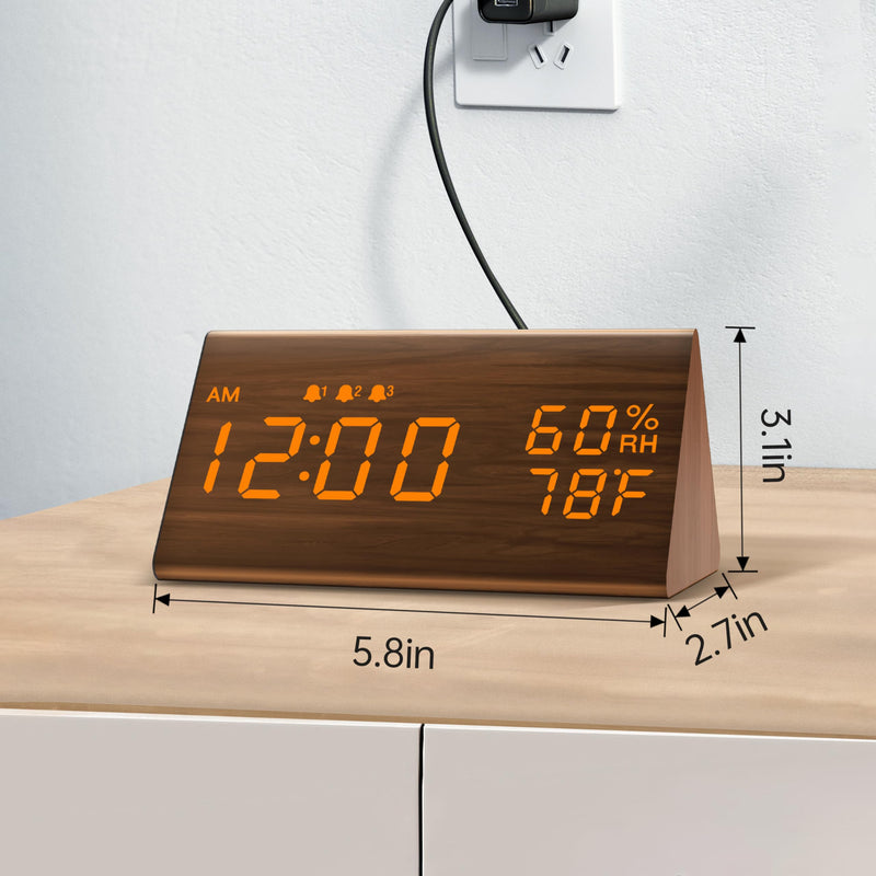 JALL Digital Alarm Clock, with Wooden Electronic LED Time Display, 3 Alarm Settings, Humidity & Temperature Detect, Wood Made Electric Clocks for Bedroom, Bedside (Brown) Brown